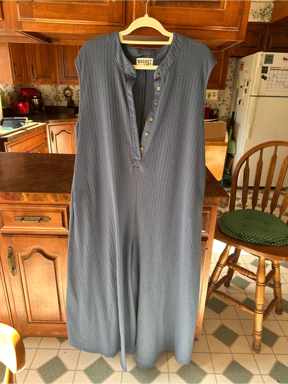 Bucket List Navy Textured Button-Up Jumpsuit size L